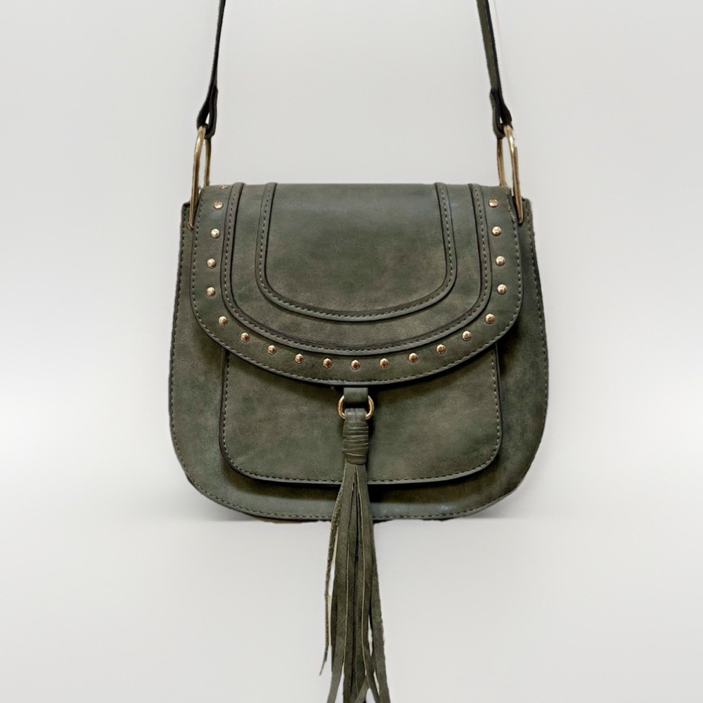 Franco Sarto Crossbody Bag Green Studded Tassel Flap Shoulder Bag Boho Western